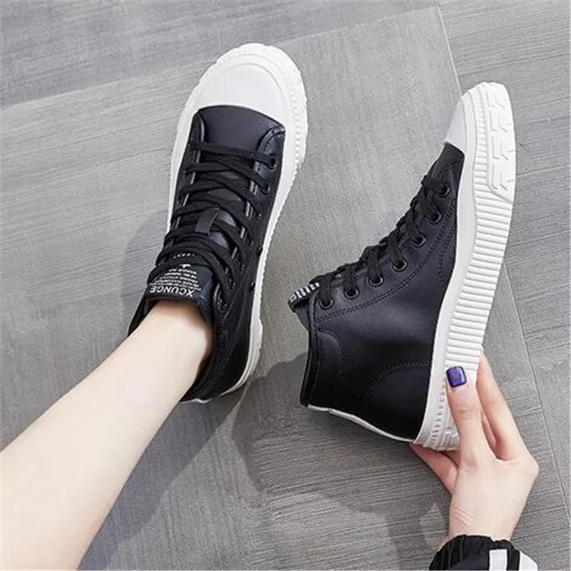 

Hot Promotion Black White High Top Genuine Leather Shoes Ankle Boots Women Sneakers Shoes Fashion Casual Shoes Woman Tide Shoes