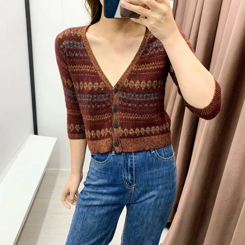 

Женский укороченный кардиган, женский короткий свитер с принтом, v-образный вырез, однобортный свитер, Женский вязаный кардиган