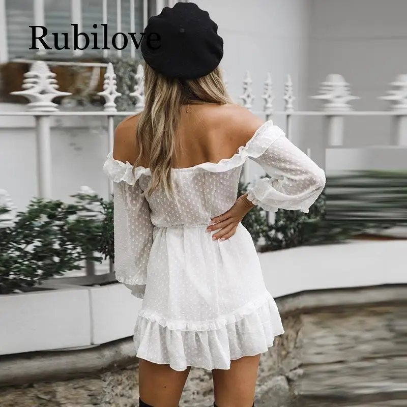 

Rubilove Sexy Dot Printed Dress Women Autumn Off Shoulder Ruffles Dresses Long Sleeve A-Line Women Dress robe femme ete 2019