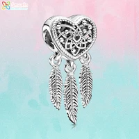 smuxin 925 sterling silver bead openwork heart three feathers dreamcatcher charm fit original pandora bracelets women jewelry