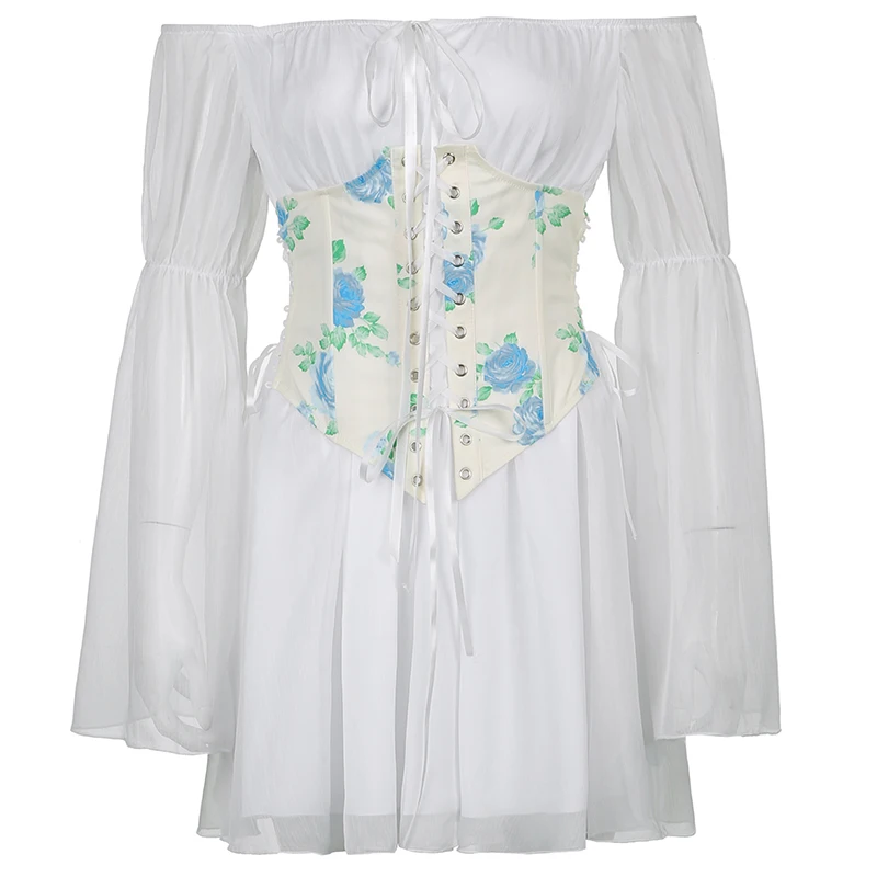 

Rockmore Chiffon Boho Dresses Flare Sleeve Mini Dress Sexy Vintage Backless Short Dress Women Elegant White Beach Party Sundress