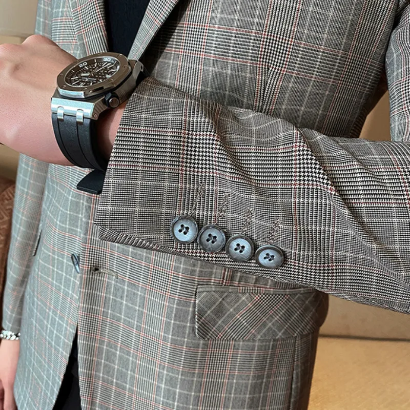 

Retro Plaid Blazer Masculino Men Business Casual Slim Fit Blazers Suit Jacket 2021 New Spring Stage Wedding Mens Coat Costumes