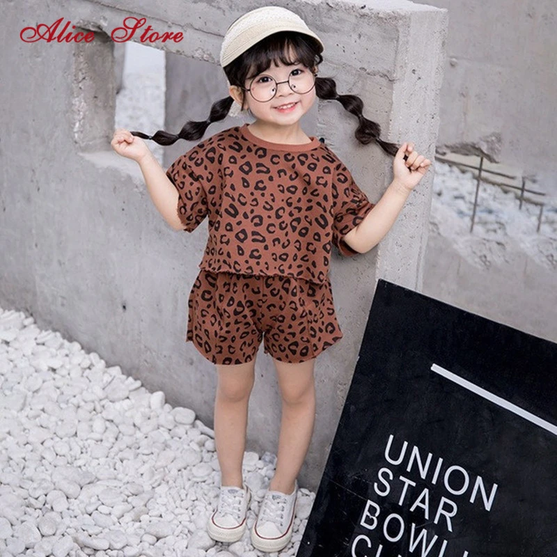 Комплект для девочек 2 7 лет из футболки и шортов с леопардовым принтом|Комплекты