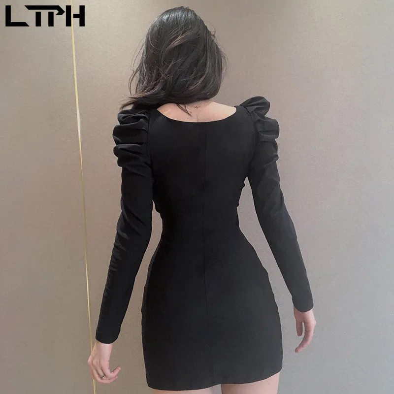 

LTPH Sexy elegant Solid color Puff Sleeve dress women vintage small V-Neck design Hem split Mini Short dresses 2020 Autumn New