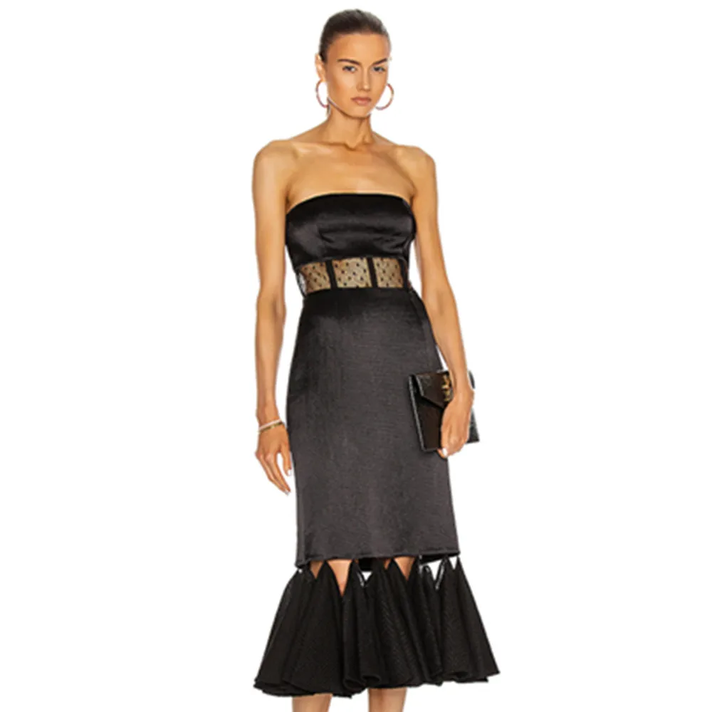 

New Summer Legg Women Sexy Strapless Lace Black Bandage Dress Elegant Long Trumpet Prom Celebrity Bodycon Party Dress Vestido