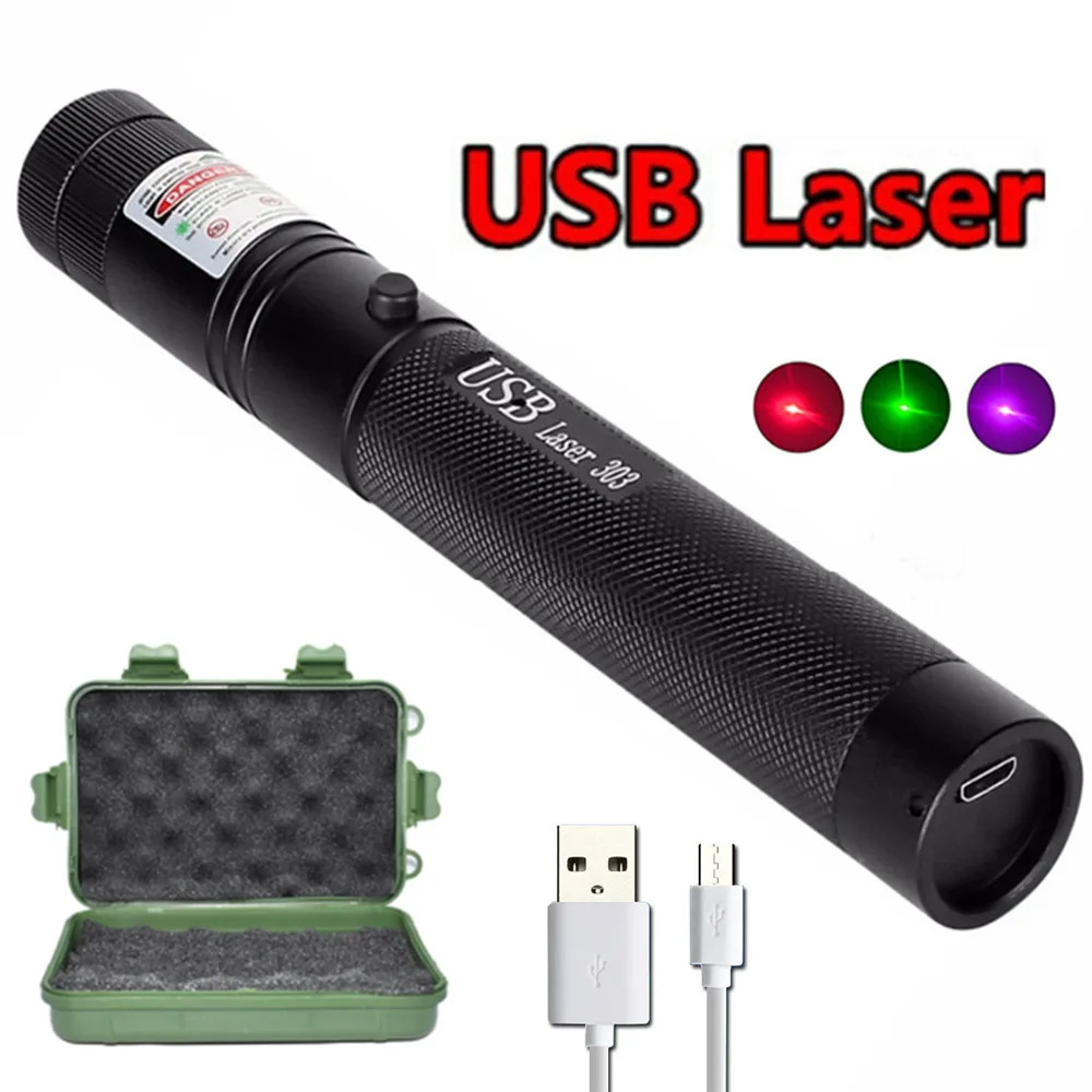 

USB charging green laser pointer red purple 303 laser sight built-in battery 5 milliwatts high-power burning laser equipment