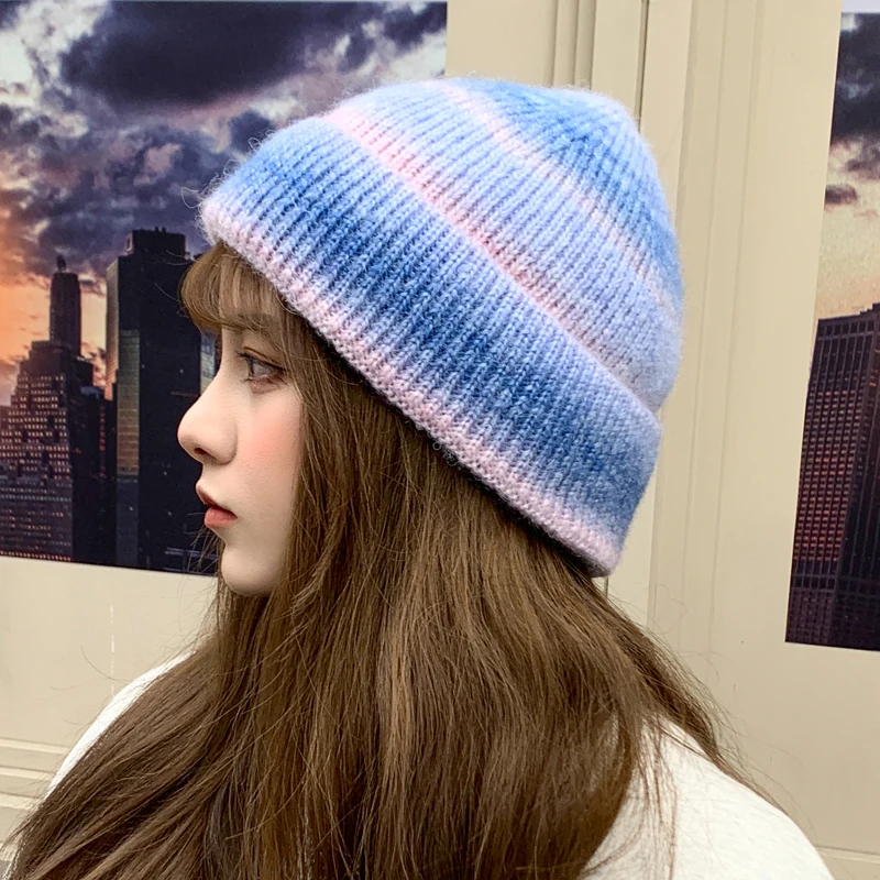 

New Women Tie dye Ribbed Soft Gradient knitted Hat Slouchy Caps Ladies Autumn Cotton Multicolor Skullies Bonnet Baggy Winter Hat