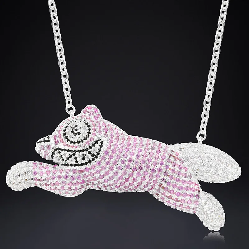 Мужское ожерелье с подвеской в стиле хип хоп Iced Out Bling CZ Pink Fox серебряное ювелирные