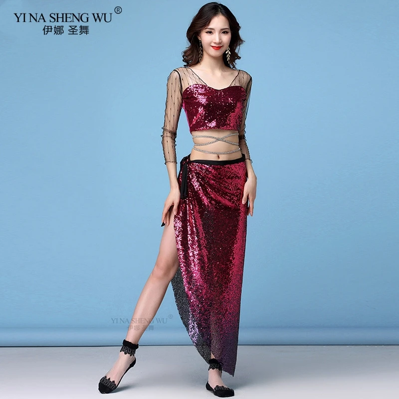 

New Belly Dance Practice Clothes Set Sexy Mesh Sequin Hip Scarf Oriental Belly Dance Suit Top Skirt 2pcs Dance Performance Skirt