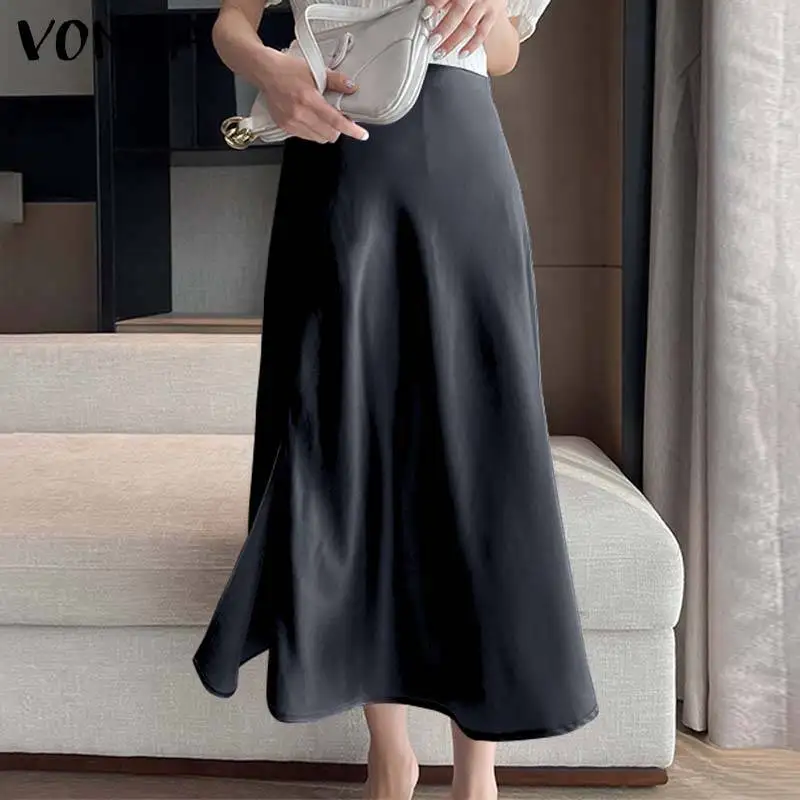 

VONDA Elegant OL Midi Skirts 2021 Fashion Women High Waist Side Slit A-line Satin Skirt Holiday Party Long Skirt Faldas De Mujer