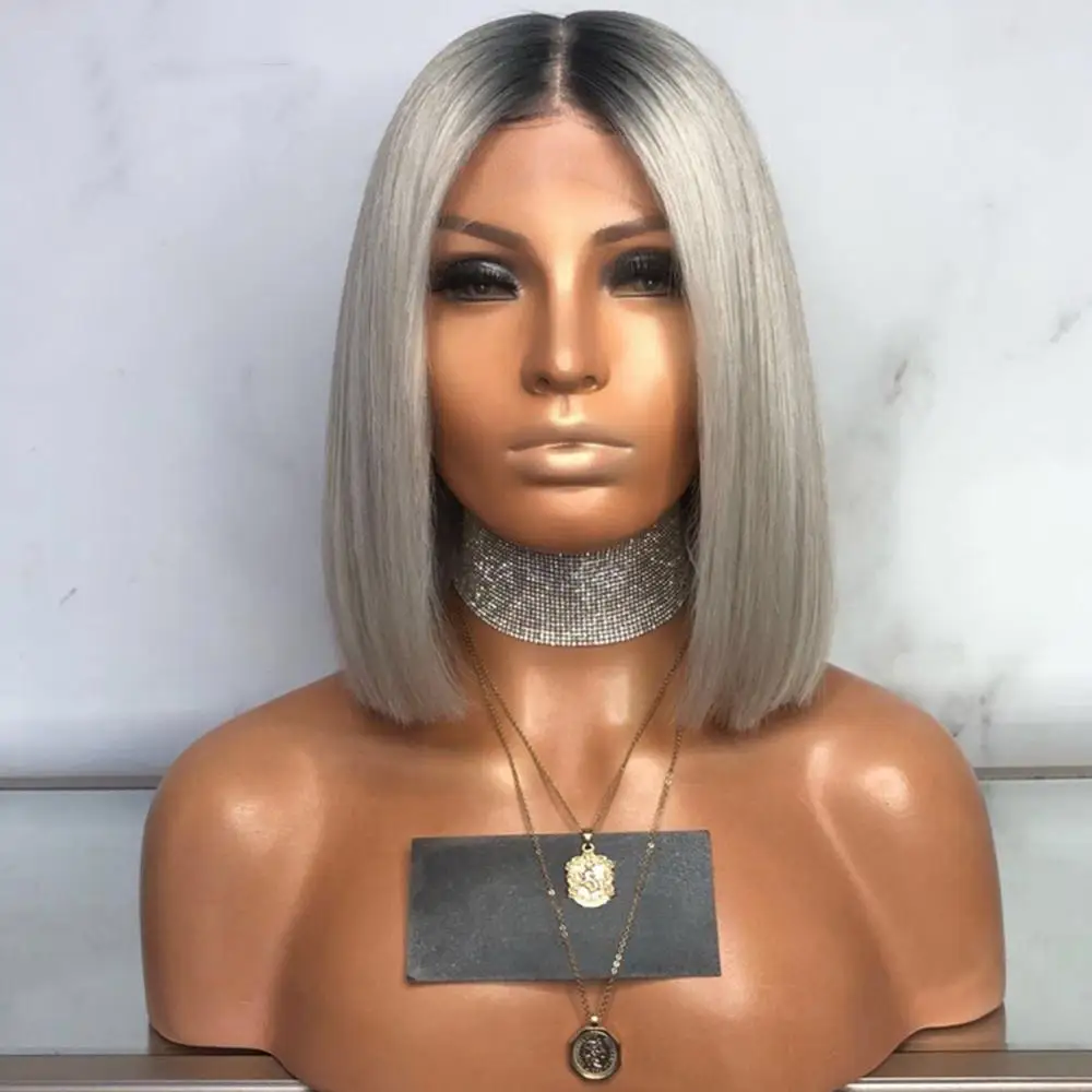 

Deep Part bob wig ombre Grey lace front human hair straight 180 Density for black women Brazilian pre plucked bleached knots