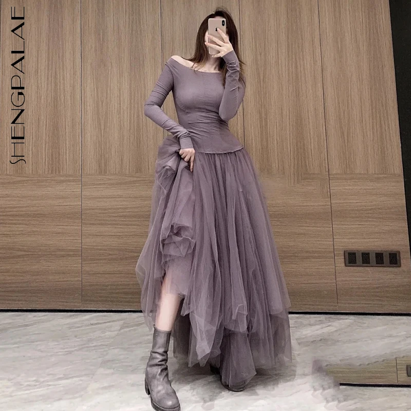 

SHENGPALAE Purple Kniited Spliced Mesh Dress Women's Spring Autumn Round Neck Slim Elastic Long Sleeve Mid-calf Dresses 5E515