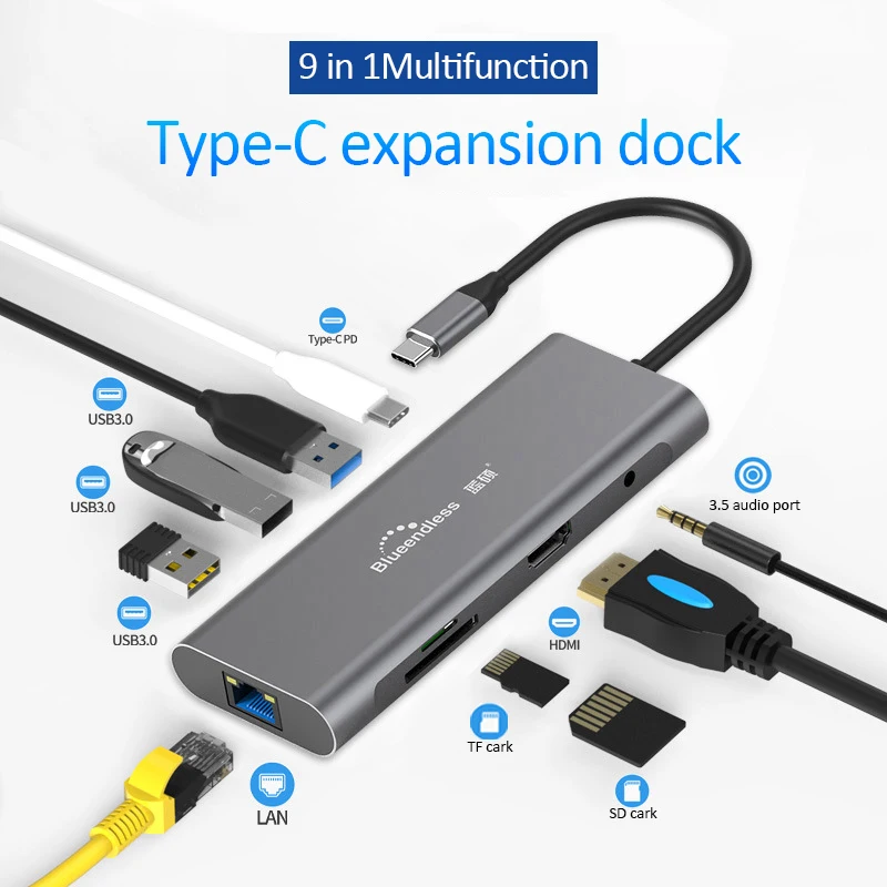 9 в 1 type C док-станция для ноутбука USB 3,0 HDMI TF LAN PD usb-хаб для Macbook huawei XiaoMi DELL Surface lenovo Dock