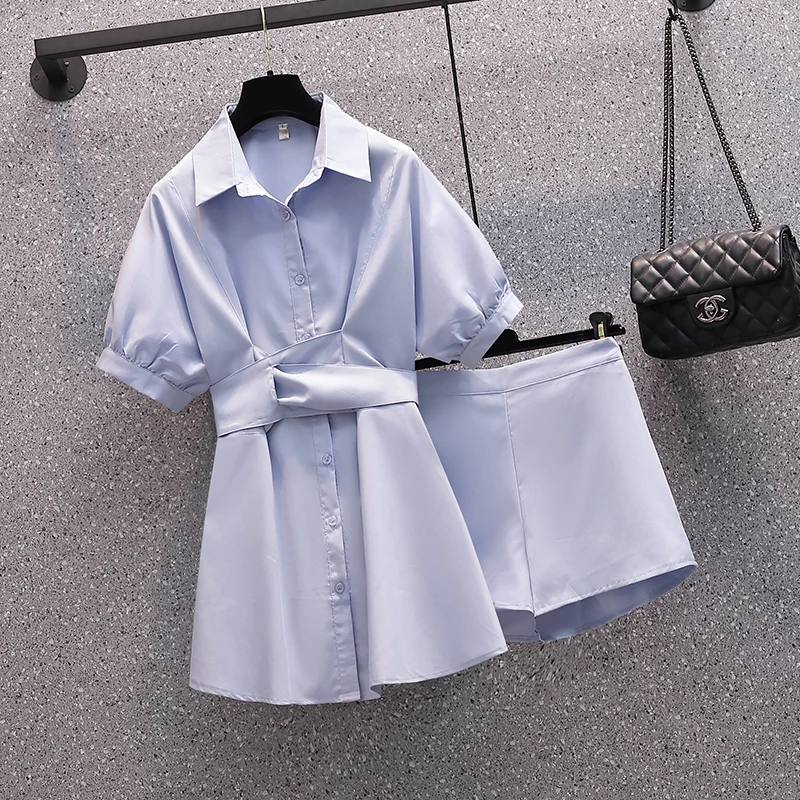 

Plus Size Office Ladies Elegant Dress Suits Summer Short Sleeve Turn Down Collar High Waist Shirt Dress And Shorts Two Piece Set