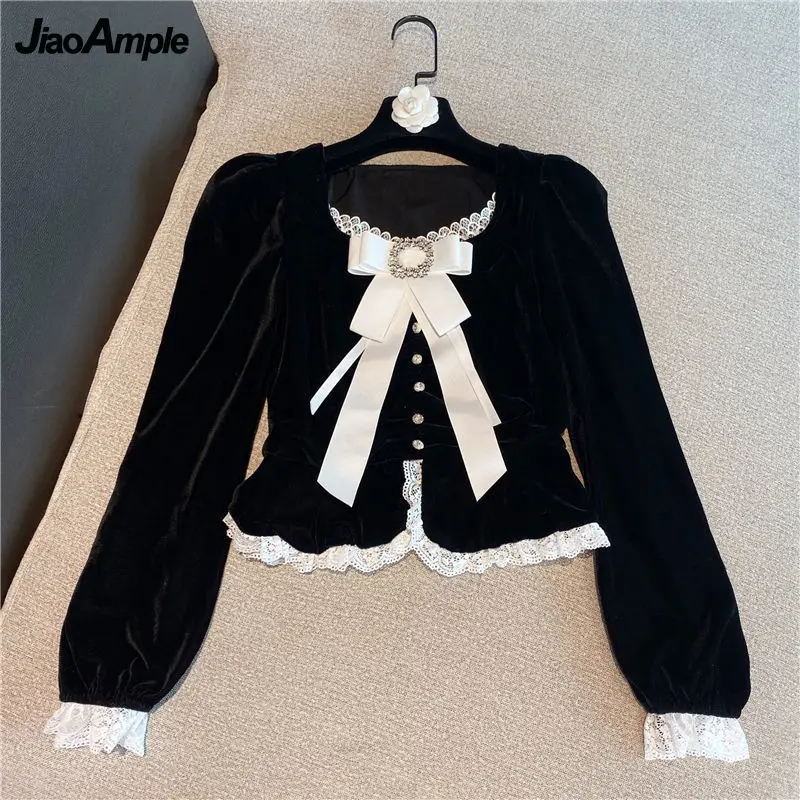 

2021 Spring Autumn French Graceful Tops Lady Fashion Vintage Big Bow-Knot Black Flannel Lace Shirts Women Elegant Clothing