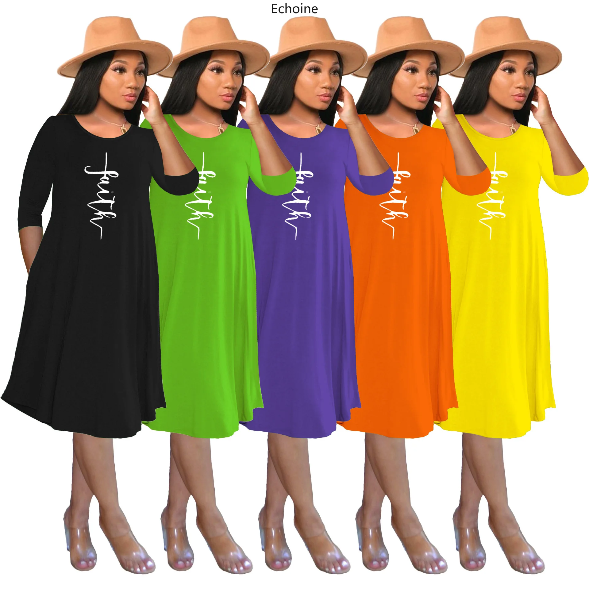 

Echoine Women Dress Mid-skirt Casual Printed T-shirt Loose Pullover O-neck One Piece Suit High Street Wear Summer Drop Shipping