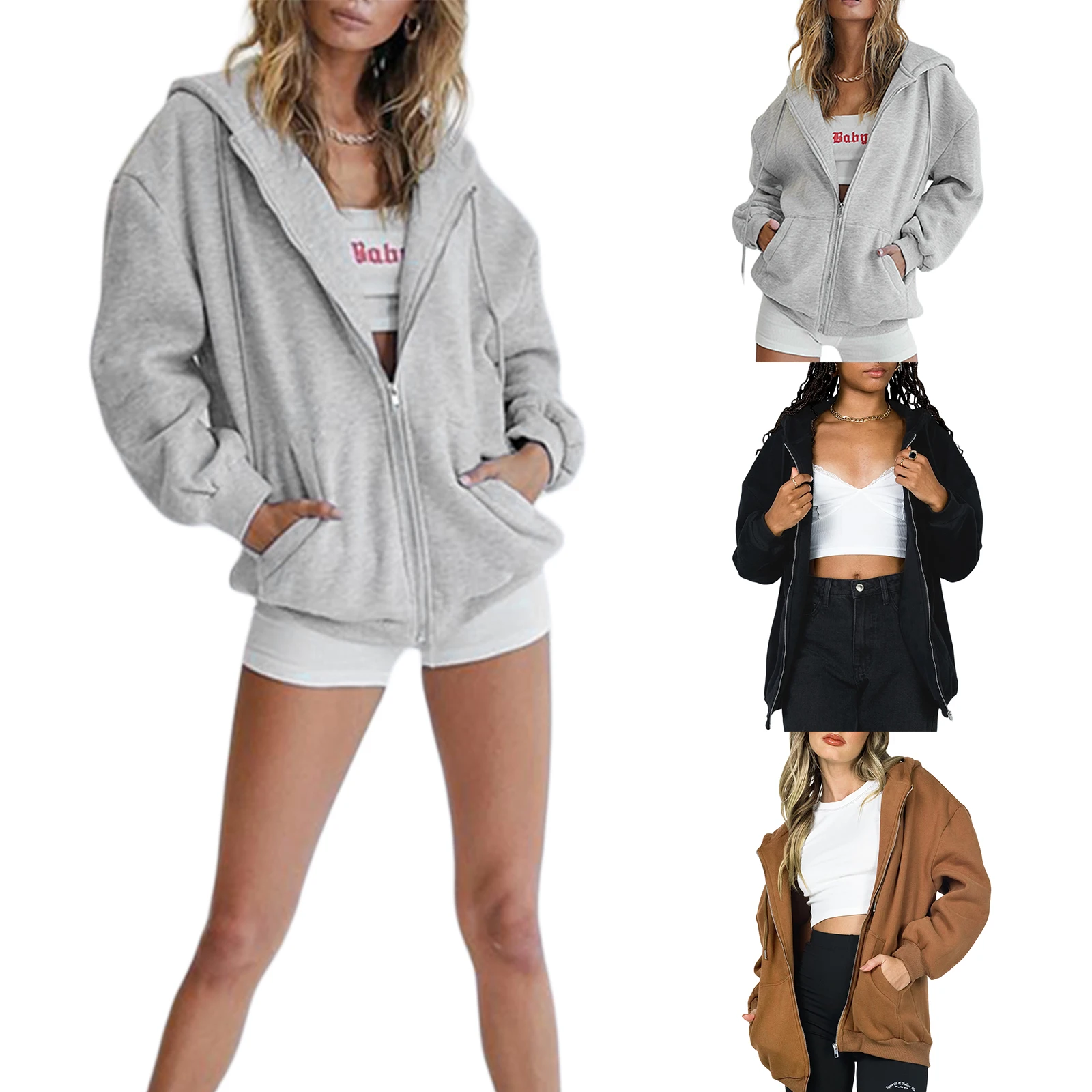 

Women Loose Style Coat, Solid Color Zipper Open Front Hooded Jacket with Pockets, Black/ Brown/ Grey