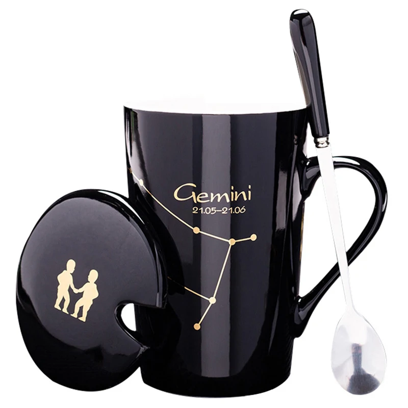 

Twelve Constellation Ceramic Mug with Lid Spoon Tea Cup Couple Water Cup Souvenir Coffee Cup Insulation Cup Drinking Utensils