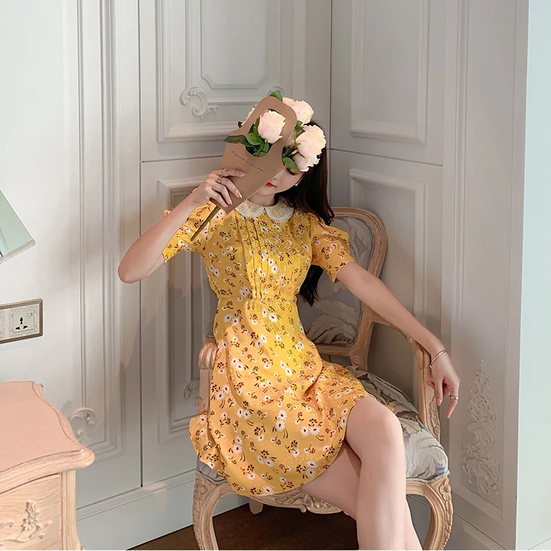 

new arrival fashion summer mini beach dress women OL elegant sweet casual lace patchwork flower chiffon print slim holiday dress