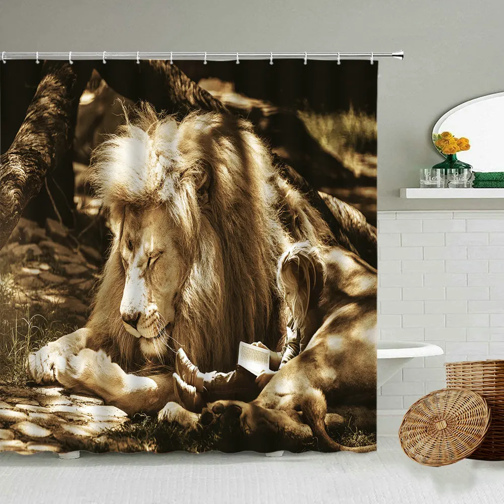 

Lion Tiger Beast Pattern Printing Shower Curtain Wild Animal Theme Bathroom Bathtub Waterproof Polyester Screen with Hook Set