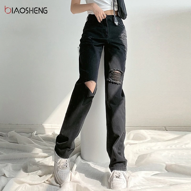 

Ripped Jeans Woman 2021 New Mom Jeans Baggy Loose Fashion Jeans Black Casual Full Length Straight Leg Pants Denim Trousers