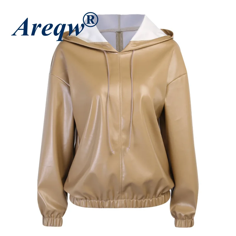 

Spring and Autumn Independent Station New Street Windproof Solid Color Simple Leather All-match Round Neck Hooded Sweater