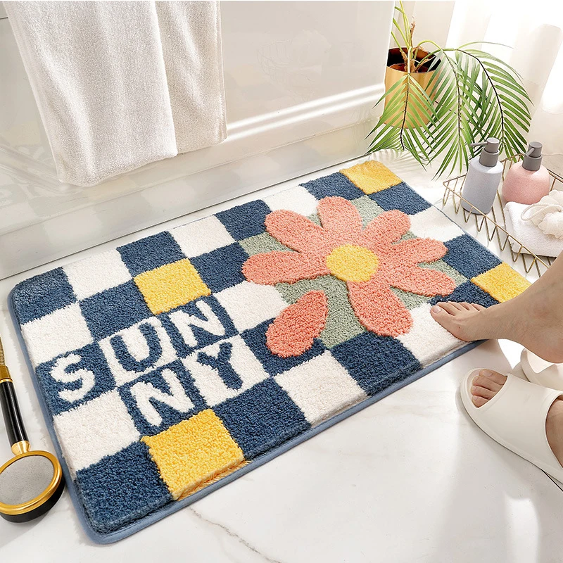 

40x60cm/50x80cm Plaid Bathroom Bath Mat Entrance Door Mat Non-Slip Floor Mat Absorbent Doormat Flocking Bedroom Carpet Rug