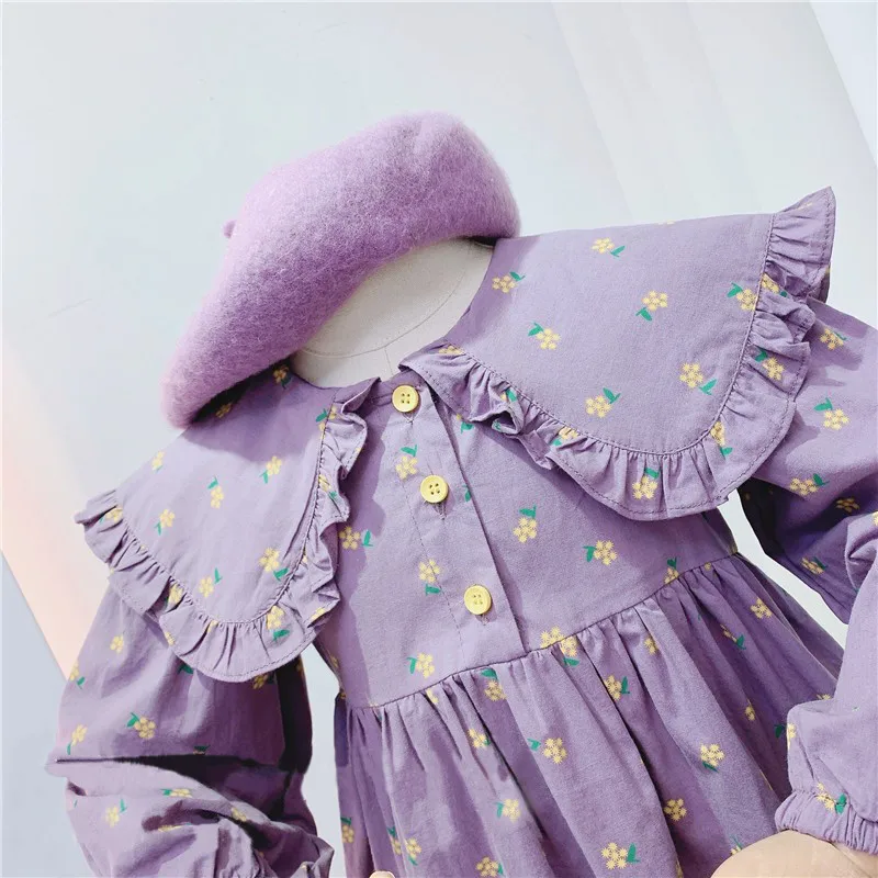 

Girls Dress Long Sleeve Fashion Turn-down Collar Dressing Children Clothes Purple Elegant Floral Dress Princess Dress