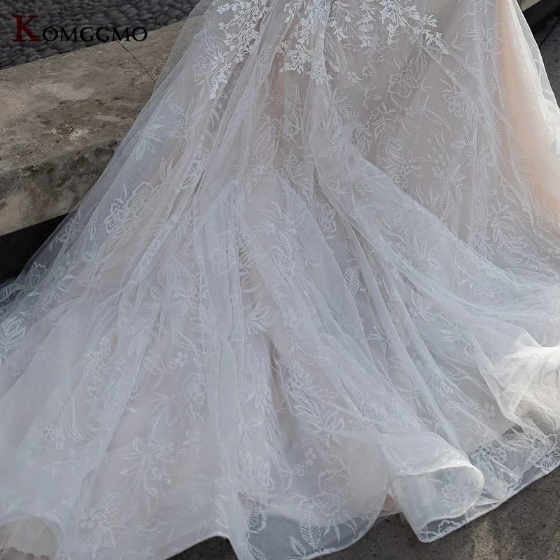 

Vestido De Noiva 2021 O-Neck Full Sleeve Embroidery Appliques Tulle Bridal Ball Gown Elegant Button Chapel Train Wedding Dress