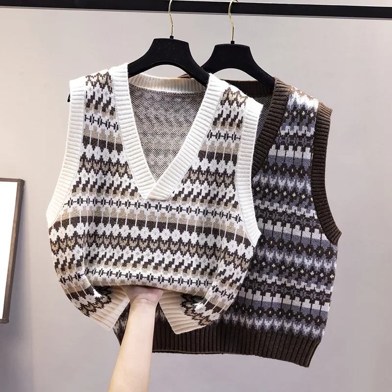 

Women's Vest 2021 New Spring Autumn Retro Vest Knit Outer Wear V-Neck Threaded Cuffs Loose Waistcoat Korean Version