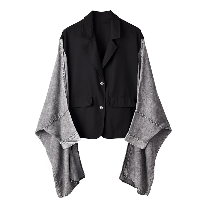 

Loose Fit Contrast Color Split Big Size Asymmetrical Jacket New Lapel Long Sleeve Women Coat Fashion Spring 2020