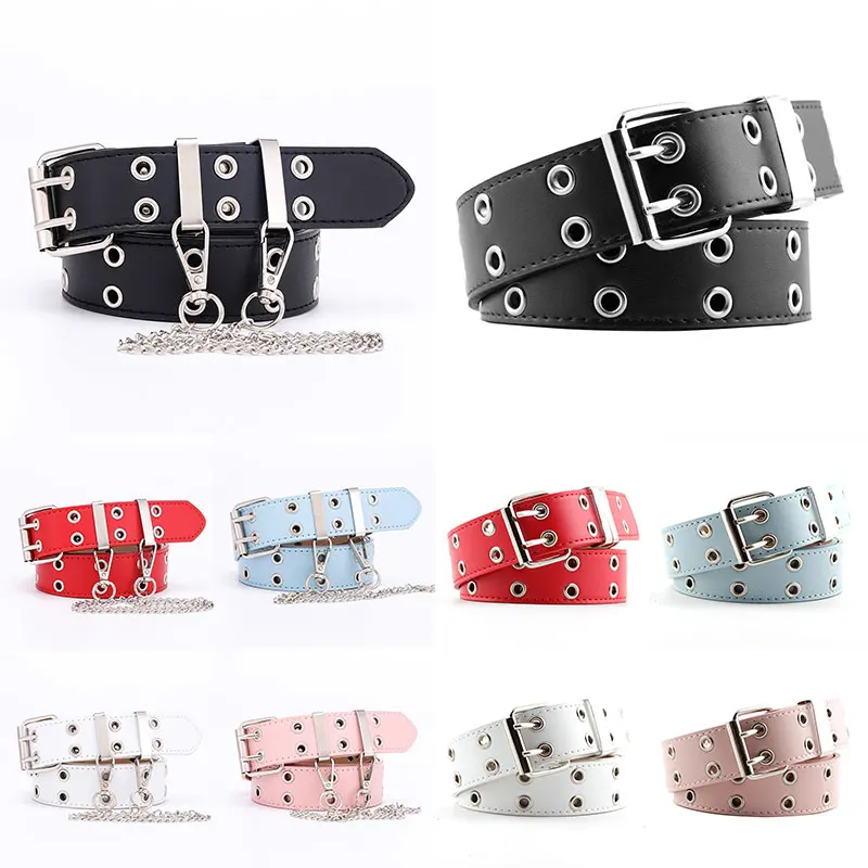 

Fashion Unisex Punk Wide Belt Grommet Hole Buckle PU Leather Unisex Belt Waist Strap Chain Belts for Women Men Jeans Wholesale
