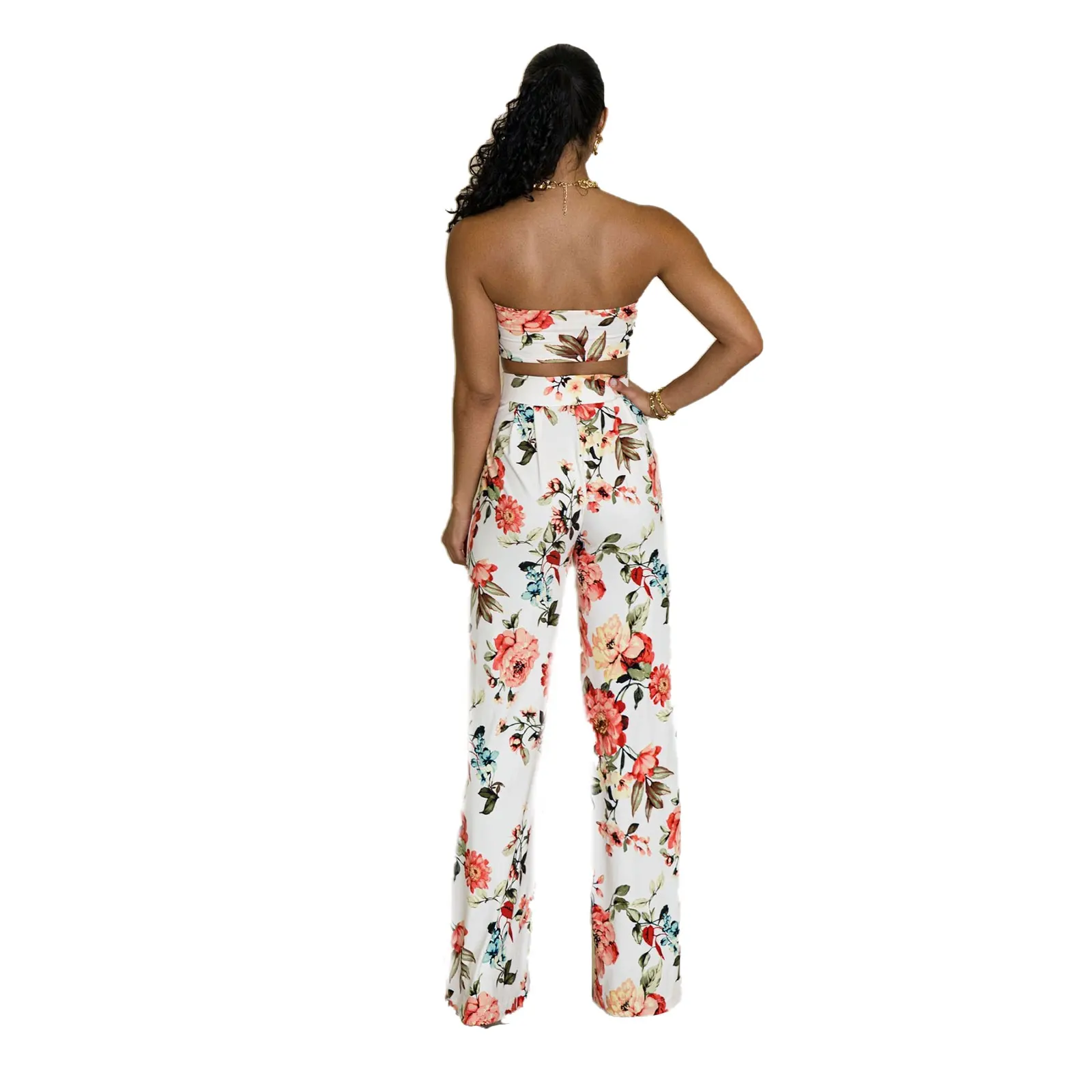

2020 Summer Womens 2Pcs Suit Sexy Flower Print Lace-up Tube Top and High Waist Long Pants