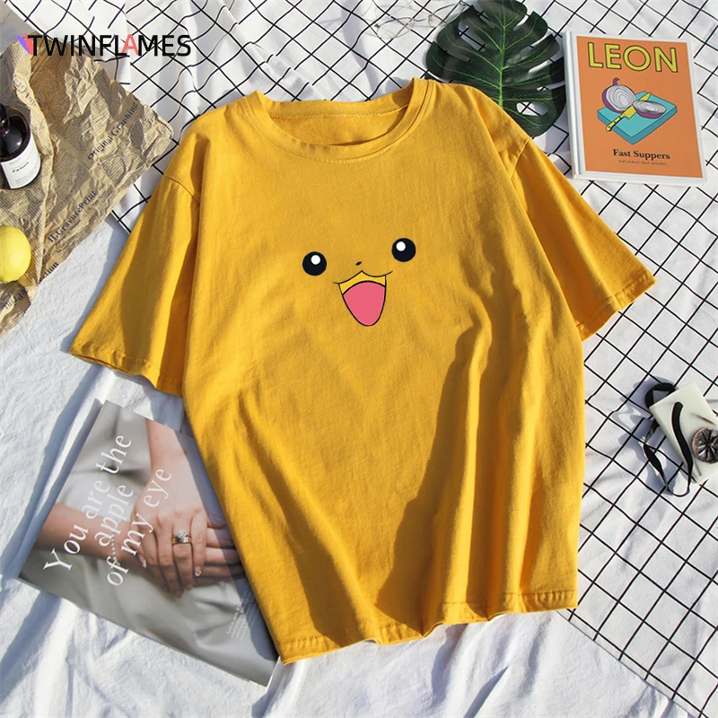 

TWINFLAMES Summer New Oversized Cotton Tees Kawaii Cute Pikachu Anime Women's T-shirt Soft Female Jumper Top Harajuku Clothing