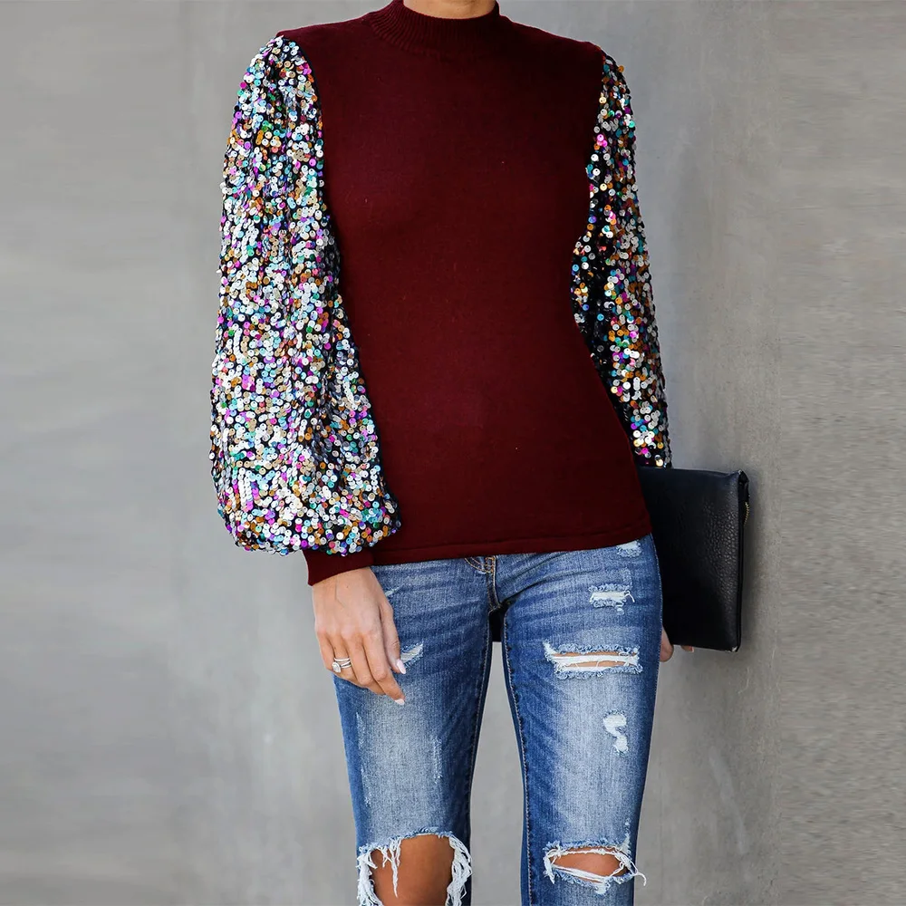 Bling Sequins Lady Tops Blouses Long Sleeve Patchwork Turtleneck Lantern Women And Shirt Autumn Party Office | Женская одежда