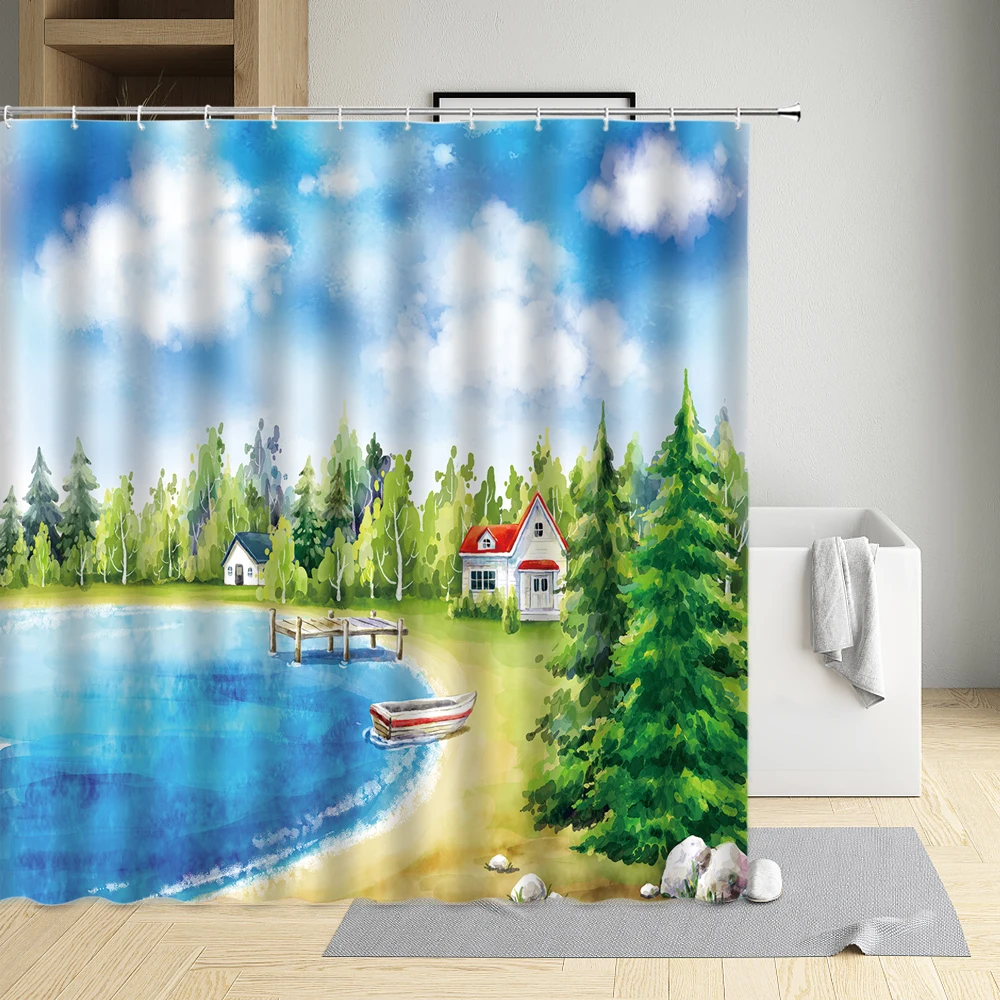

Ocean View Shower Curtain Watercolor Painting Beach Watercolor Painting Waterproof Cloth Bathroom Decor Bath Screens With Hooks