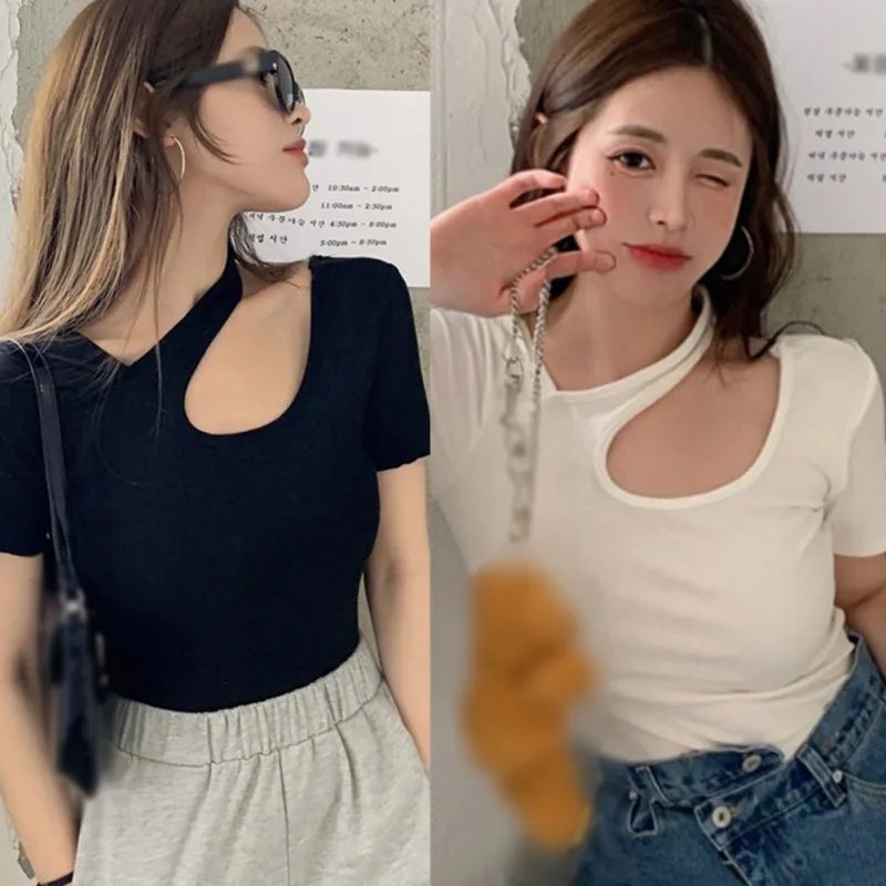 

Summer hot style short blouse women design feeling exposed collarbone irregular short sleeve T-shirt female students