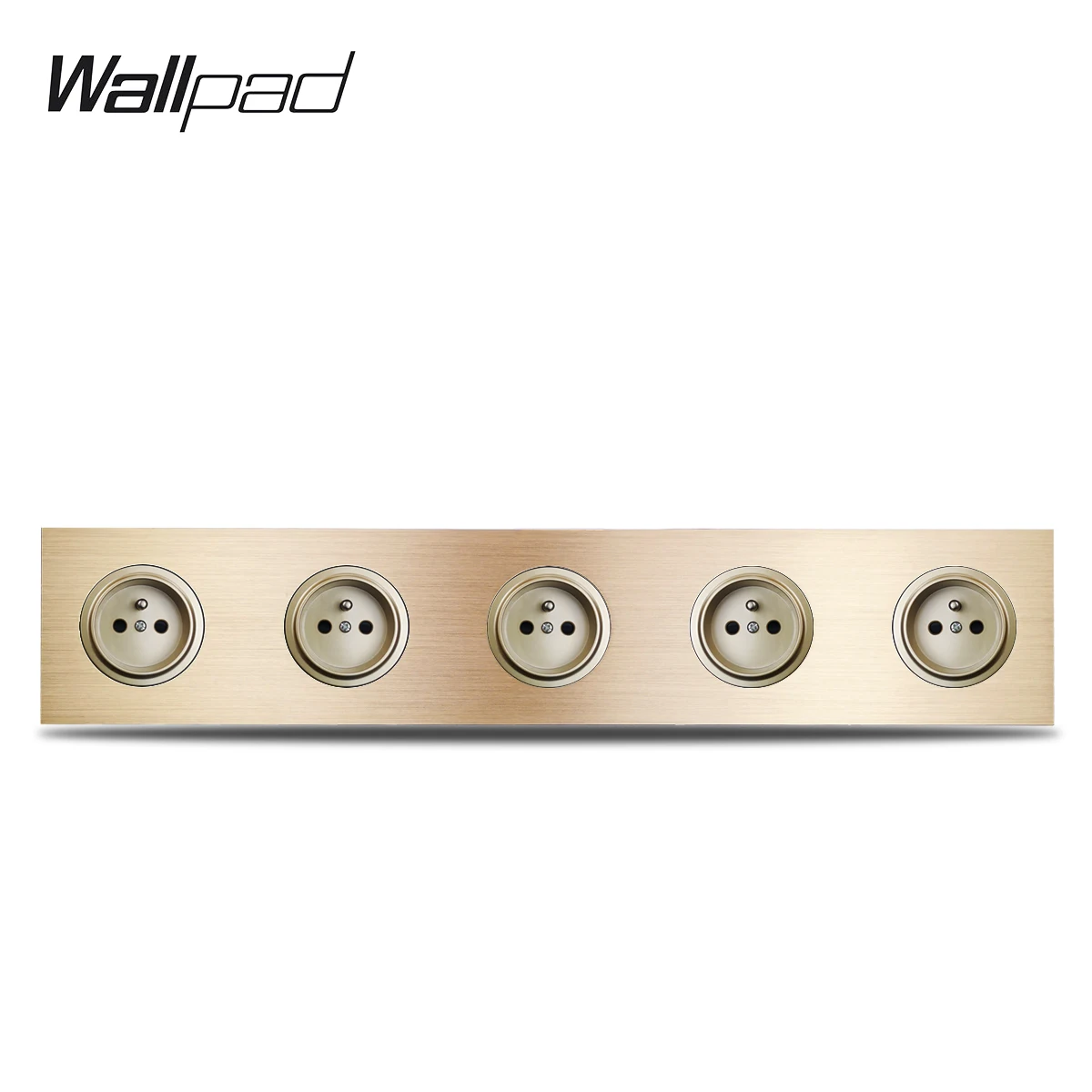 

Wallpad L6 Gold 5 Gang Frame Quintuple French Electric Power Outlet Wall Socket Gold Brushed Aluminum Metal Panel, 430*86mm