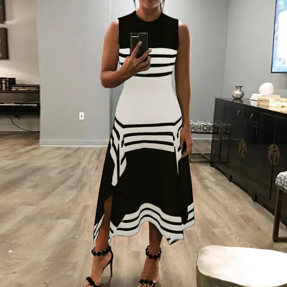 Летний Полосатый сарафан без рукавов для женщин офисный черно белый цвет круглый