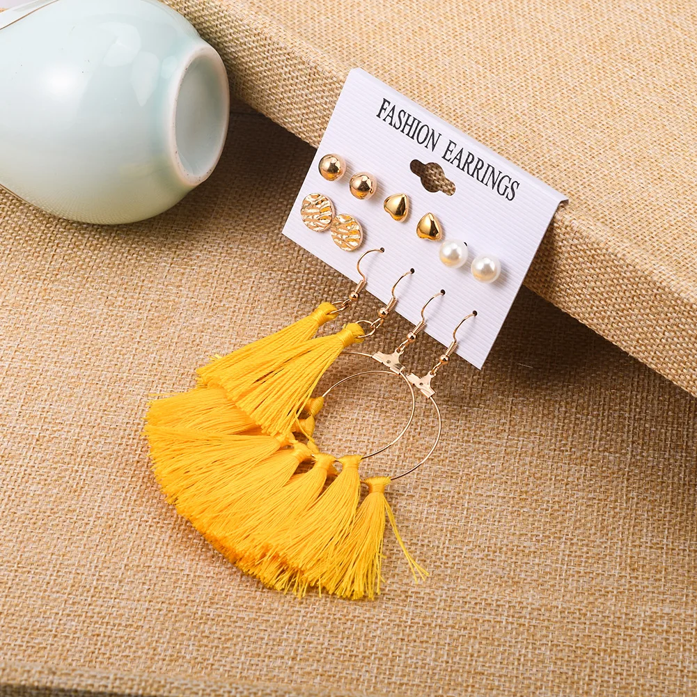 

Earrings For Women Simple Luxury Circle Fan-shaped Tassel Earring Set Boho Style Peach Heart Pearl Stud Earrings Jewelry Sets