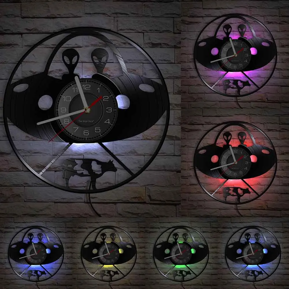 Aerospace UFO Abducting Cow Vinyl Record Wall Clock Extra-Terrestrial Abduction Alien Home Decor Watch Astronomy Scifi Art | Дом и сад