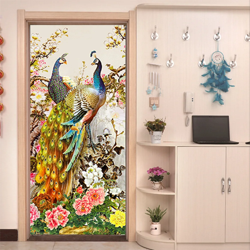 

Наклейки на дверь в китайском стиле, 3D богатство, павлин, ПВХ водонепроницаемые обои, постер, украшение комнаты, самоклеящиеся росписи
