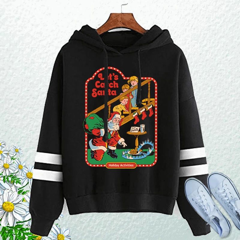 

Christmas Catch Santa Claus Print Women Hoodie Long Sleeve Pullover Black Sweatshirt Crewneck Women Clothes Winter Hoodies 2021