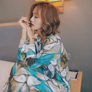 Женский пижамный комплект с длинным рукавом, удобная Пижама размера плюс с v-образным вырезом и принтом из вискозы, домашняя одежда размера плюс, осень