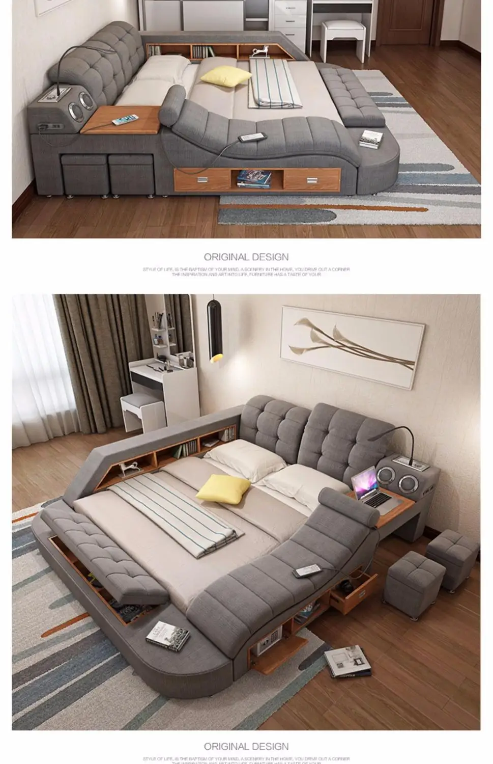 Кожаная кровать с массажной функцией king многофункциональная кровать|Наборы для