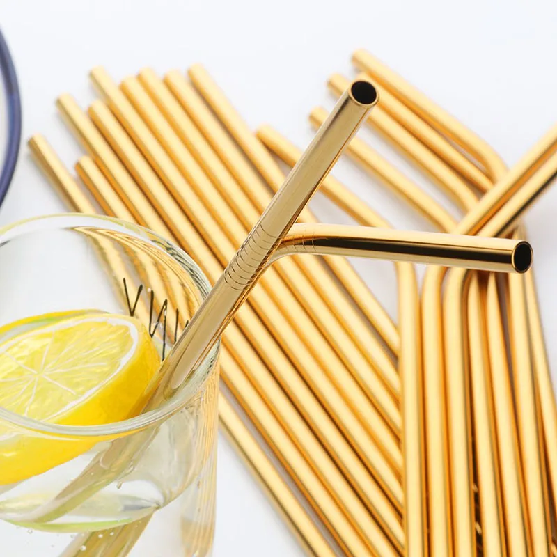 

Gold Straws 100Pcs/Set Metal Straw Reusable Wholesale Stainless Steel Drinking Tubes 215mm Straight Bent Straws For Drink