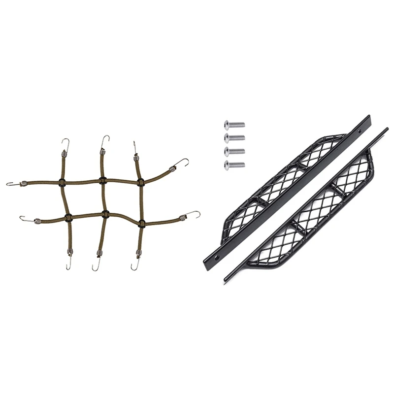 

1Pcs 1:10 Rc Rock Crawler Elastic Climbing Car-Roof Luggage Net & 2Pcs Metal Outer Side Pedal for 1/10 Rc Rock Car