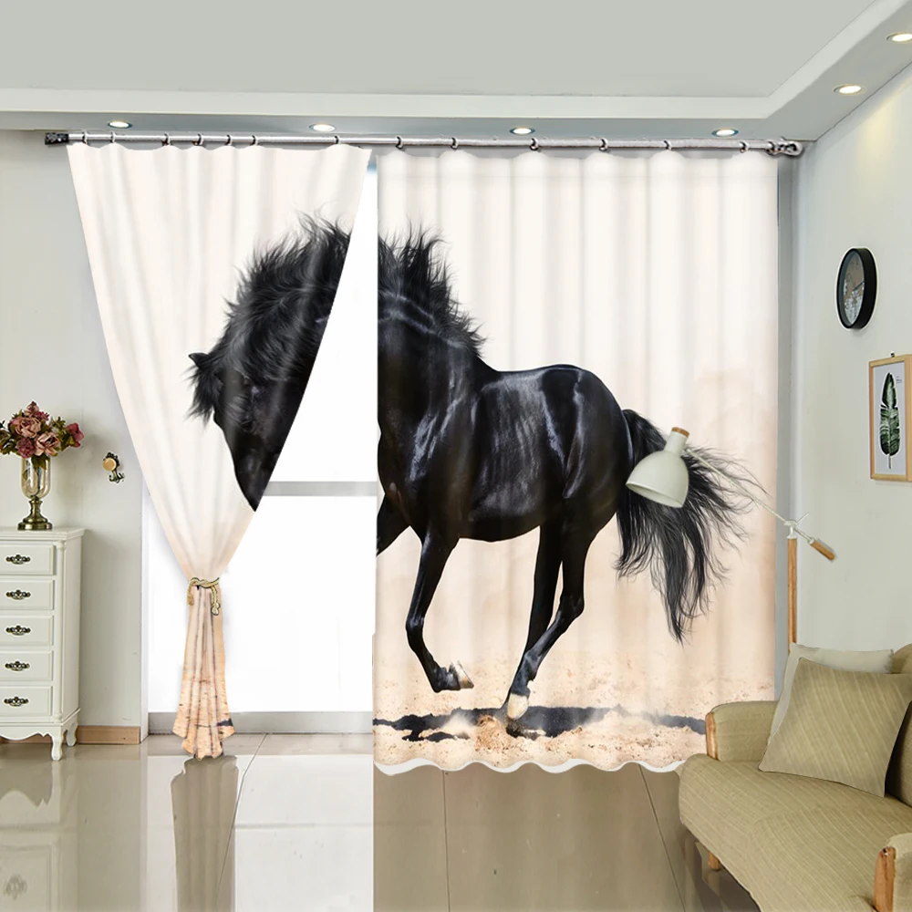 

Black Horse Running On The Sand High-precision Blackout Curtains Dersonalized 3D Digital Printing Purtains DIY Photos