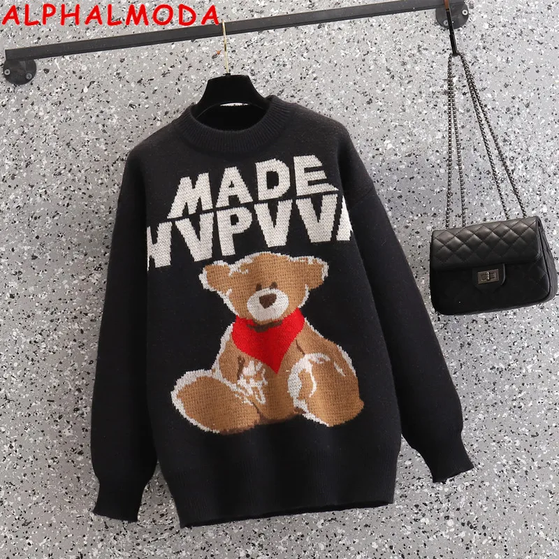 

Женский свитер с мультяшным медведем ALPHALMODA, уютный Свободный пуловер, черный вязаный Топ на осень и зиму 2021