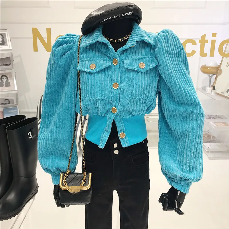 

Niche Design Bubble Sleeves And Button Up Corduroy Shirt Coat Women's Winter 2021 Fashion Short Shirt Trend